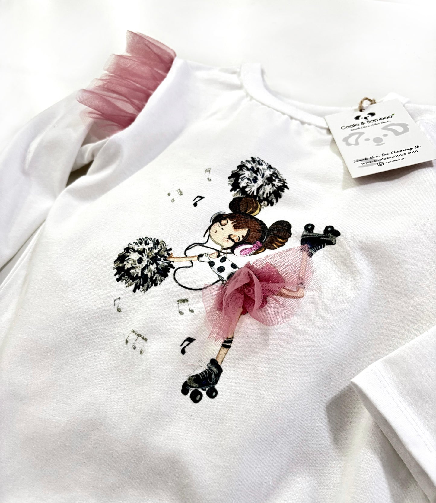 Baskılı Tül Detaylı Uzun Kol Tişört