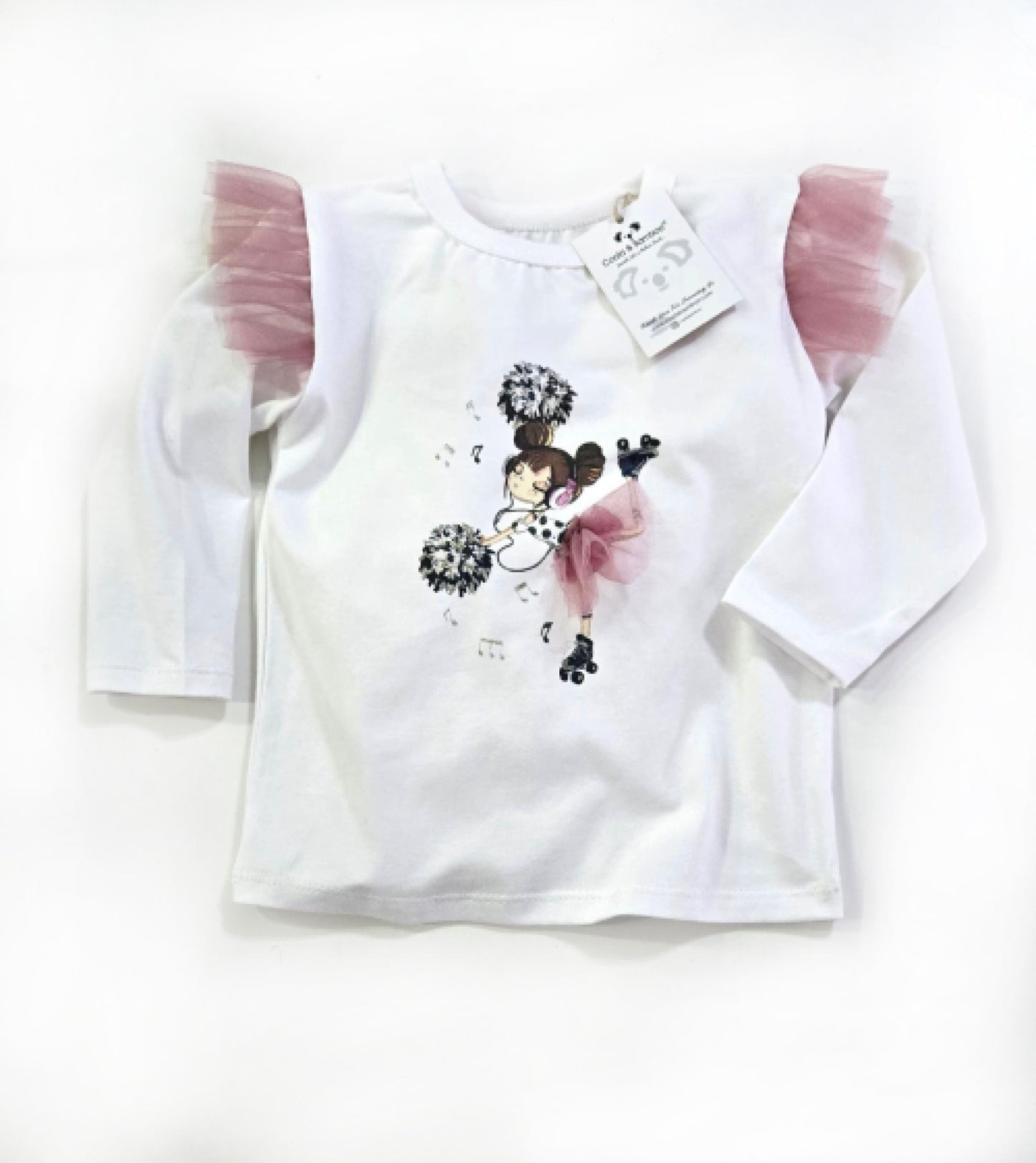 Baskılı Tül Detaylı Uzun Kol Tişört