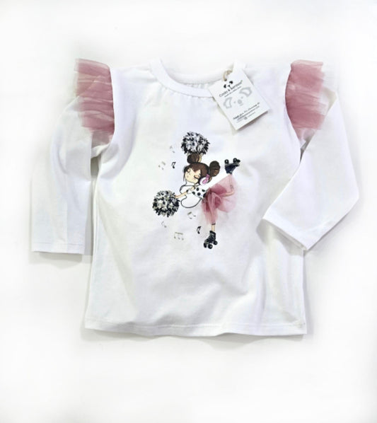 Baskılı Tül Detaylı Uzun Kol Tişört